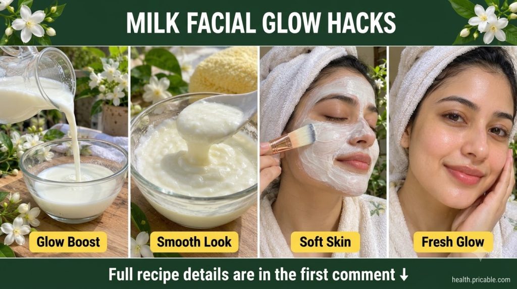 A four-panel grid showing milk being poured a creamy mask in a bowl a woman applying a face mask and a woman with glowin