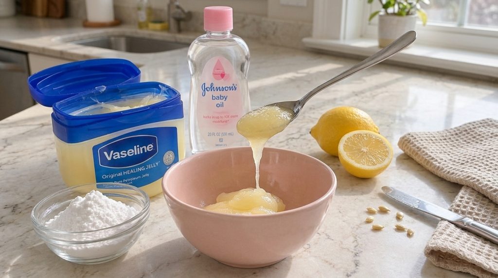 Various natural ingredients for DIY beauty including lemons honey and other common household items on a speckled counter