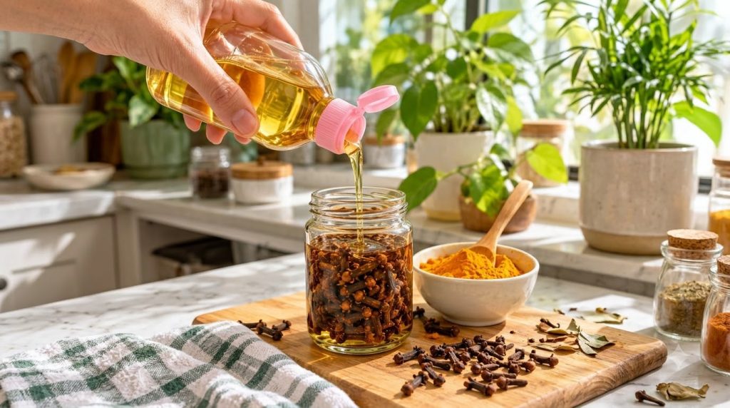 A close-up of a hand pouring light amber oil from a clear bottle into a glass jar filled with dark brown cloves A white 