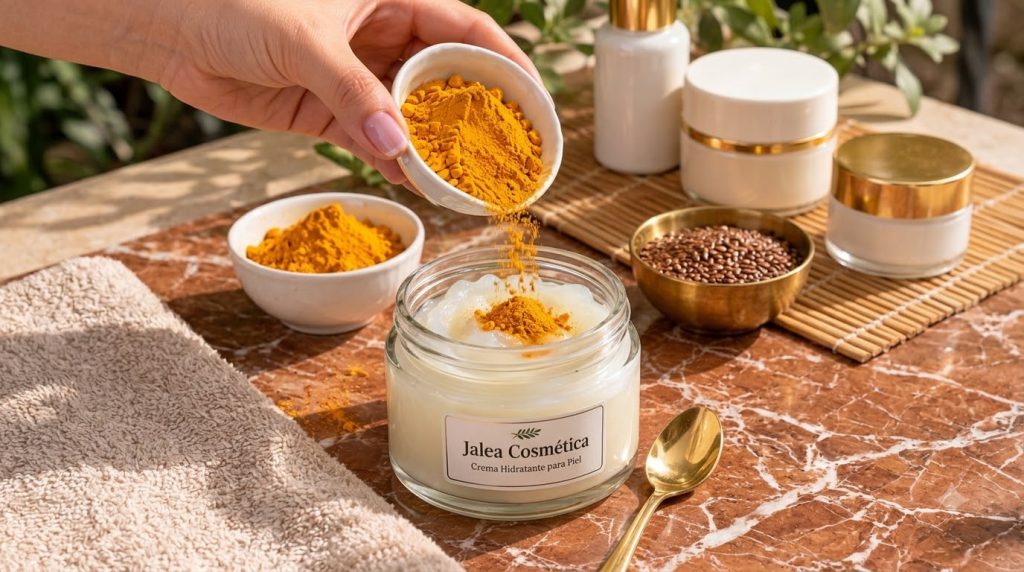 A hand holding a small bowl of vibrant yellow turmeric powder over an open jar of Vaseline Petroleum Jelly on a warm mar