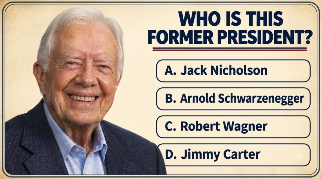 A multi-panel celebrity quiz showing four male celebrities with the question Who is this person in photo 4 highlighted P