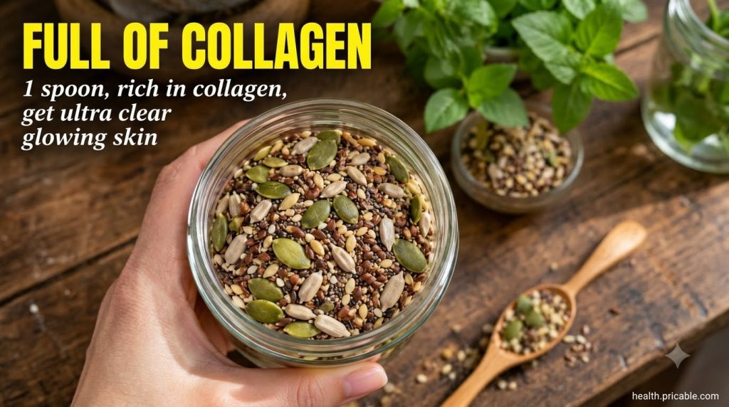 A hand holding a clear glass jar filled with a mix of green pumpkin seeds sunflower seeds flax seeds and sesame seeds wi