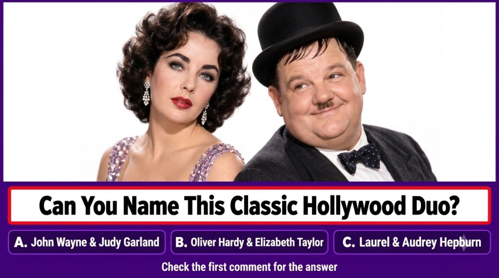 A social media quiz card showing colorized portraits of Elizabeth Taylor and Oliver Hardy with a question below them ask