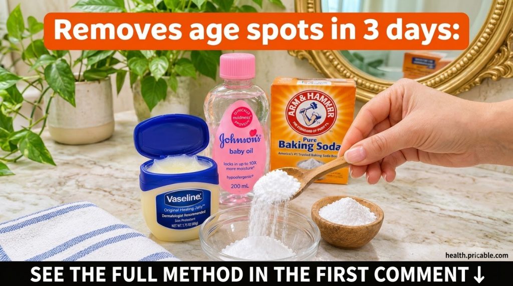 A hand mixing white baking soda from a wooden spoon into a clear glass bowl on a marble counter with a jar of Vaseline a