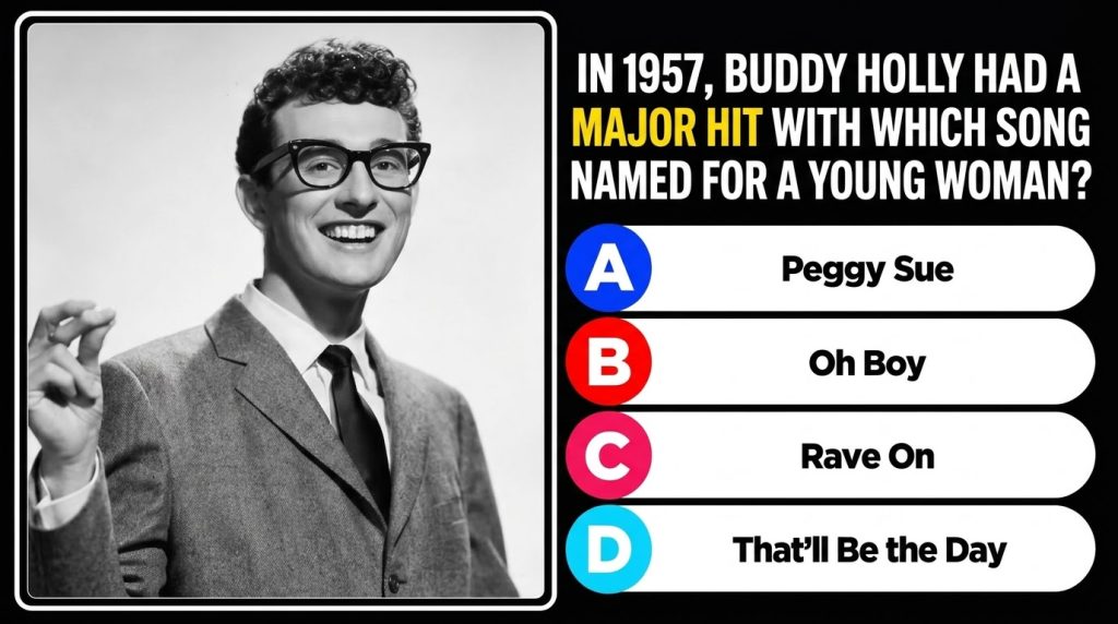 A black and white portrait of a smiling Buddy Holly wearing glasses and a suit gesturing slightly with his right hand