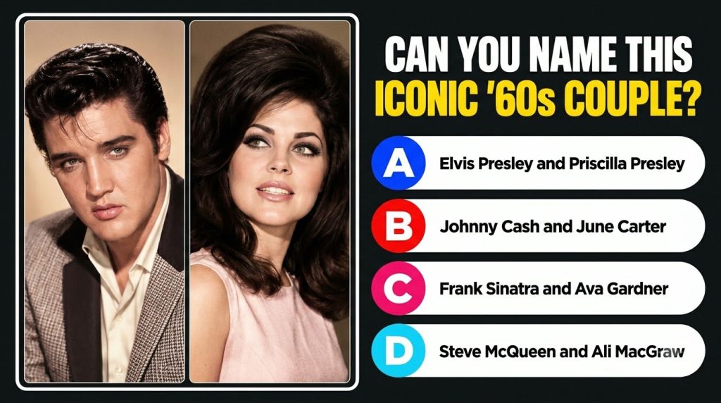 Quiz image showing Elvis Presley on the left and Priscilla Presley on the right with the question CAN YOU NAME THIS ICON