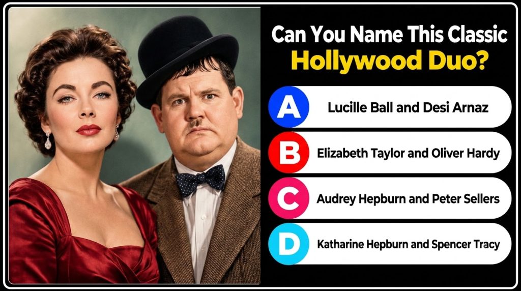 A composite portrait of two iconic Hollywood figures Elizabeth Taylor on the left in a red satin gown and Oliver Hardy o