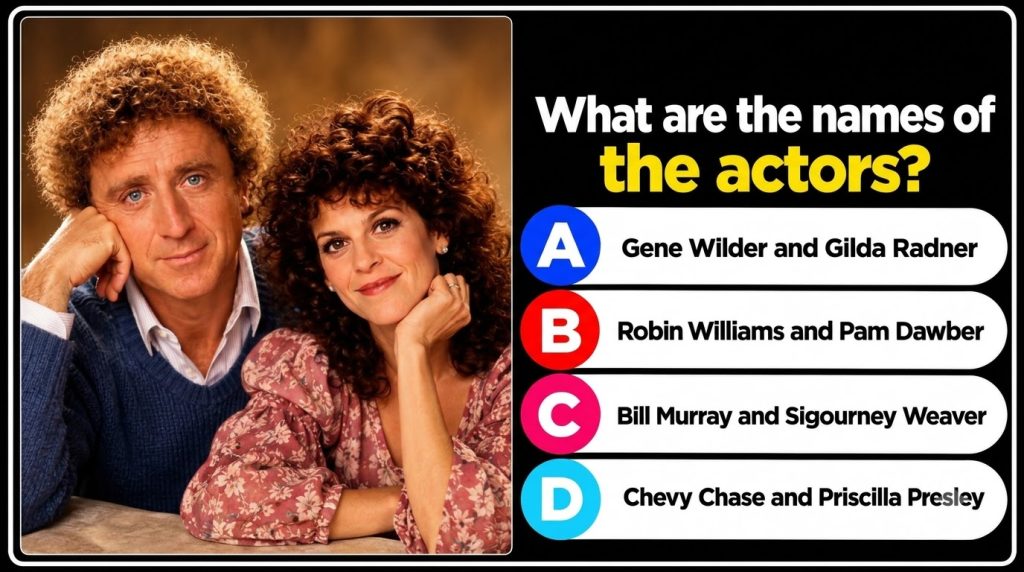 A portrait of two smiling actors Gene Wilder and Gilda Radner both with prominent curly hair resting their chins on thei