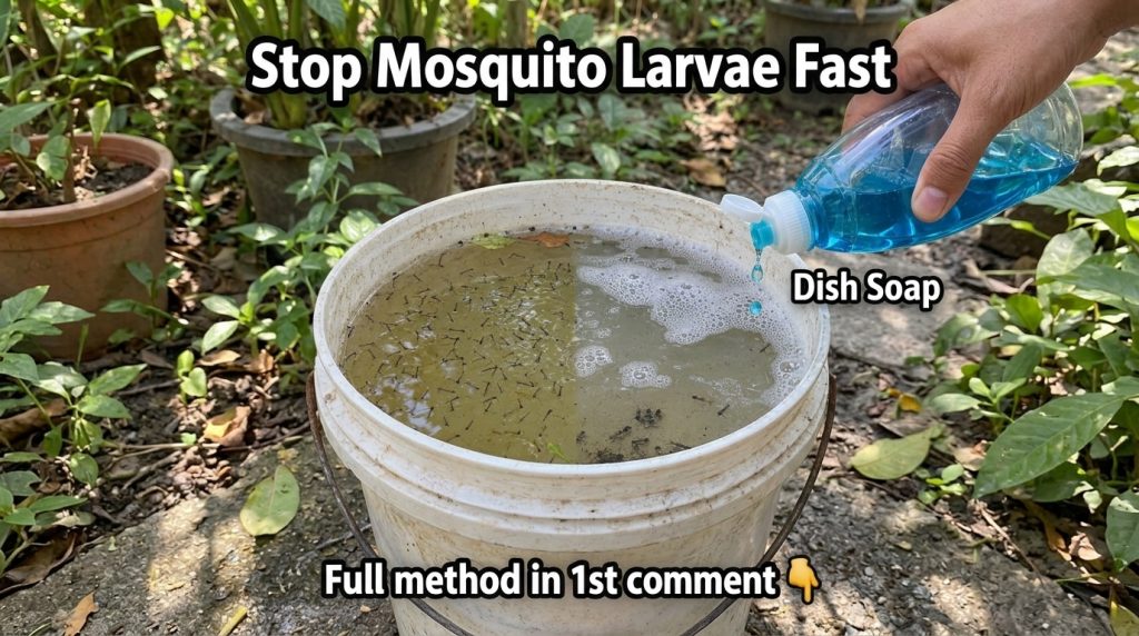 A white plastic bucket filled with murky water covered in white foam and numerous mosquito larvae and pupae Green foliag