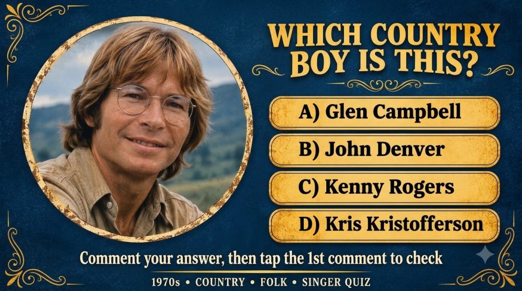 A 1970s-style quiz card with a portrait of John Denver in a circular frame asking WHICH COUNTRY BOY IS THIS against a bl