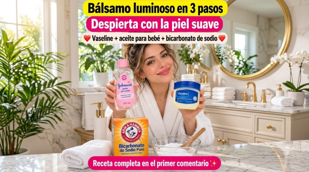 A smiling woman in a white bathrobe holding a bottle of Johnson s baby oil and a jar of Vaseline In front of her on a ma