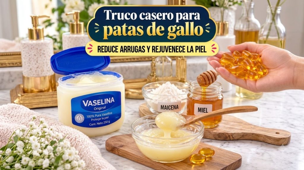 Various ingredients for a homemade beauty recipe a hand holding shimmering golden capsules an open jar of Vaseline bowls