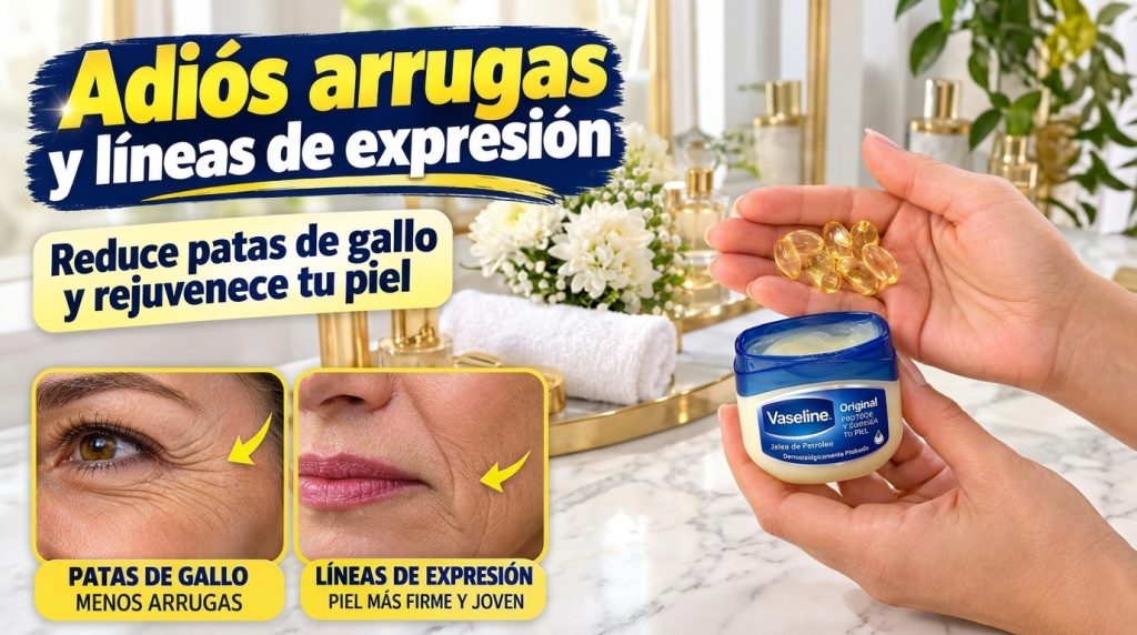 Hands holding a jar of Vaseline and several golden vitamin E capsules against a blurred bathroom vanity background