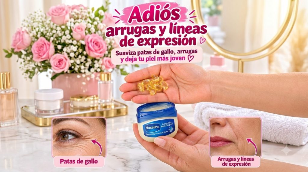 Hands holding a small jar of Vaseline and yellow gel capsules with text overlay in Spanish about wrinkle reduction and s