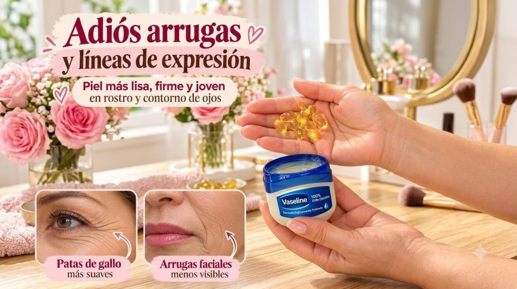 Hands holding an open tub of Vaseline and reflective golden capsules with a soft floral background conveying anti-aging