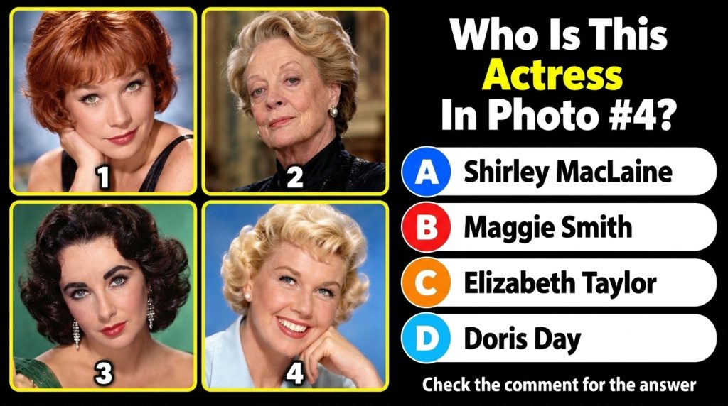 A social media quiz card showing four classic actresses in a 2x2 grid The central question asks Who Is This Actress In P