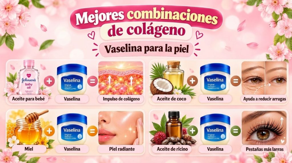 Infografía detallada con cuatro combinaciones de Vaselina e ingredientes naturales aceite de bebé aceite de coco miel ac