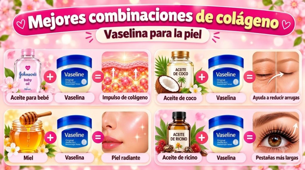 An infographic showing four different natural ingredient and Vaseline combinations each promising a specific skin benefi