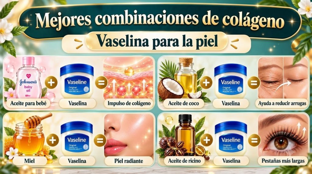 An infographic showing four different natural ingredient combinations with Vaseline featuring product jars and visual re