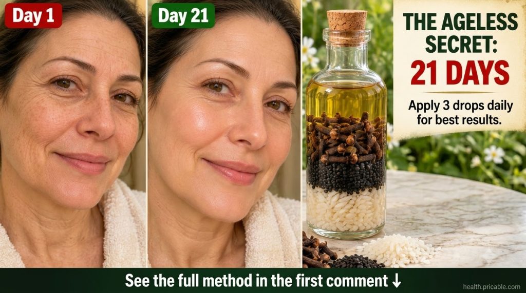 A clear glass bottle filled with a layered infusion of light-colored oil dried cloves small dark seeds and white rice gr