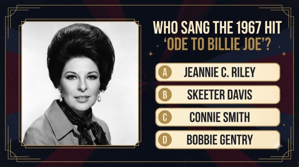 Black and white portrait of Bobbie Gentry with a voluminous bouffant hairstyle and pearl earrings as seen in the origina