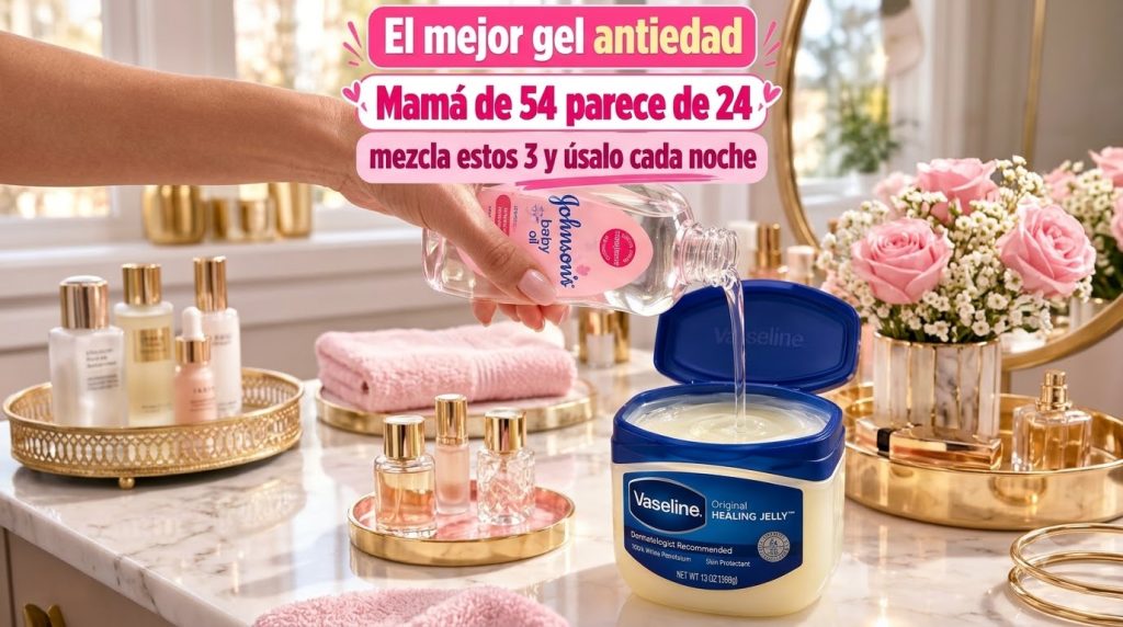 Una mano vertiendo aceite de bebé en un recipiente de Vaselina en un tocador de mármol