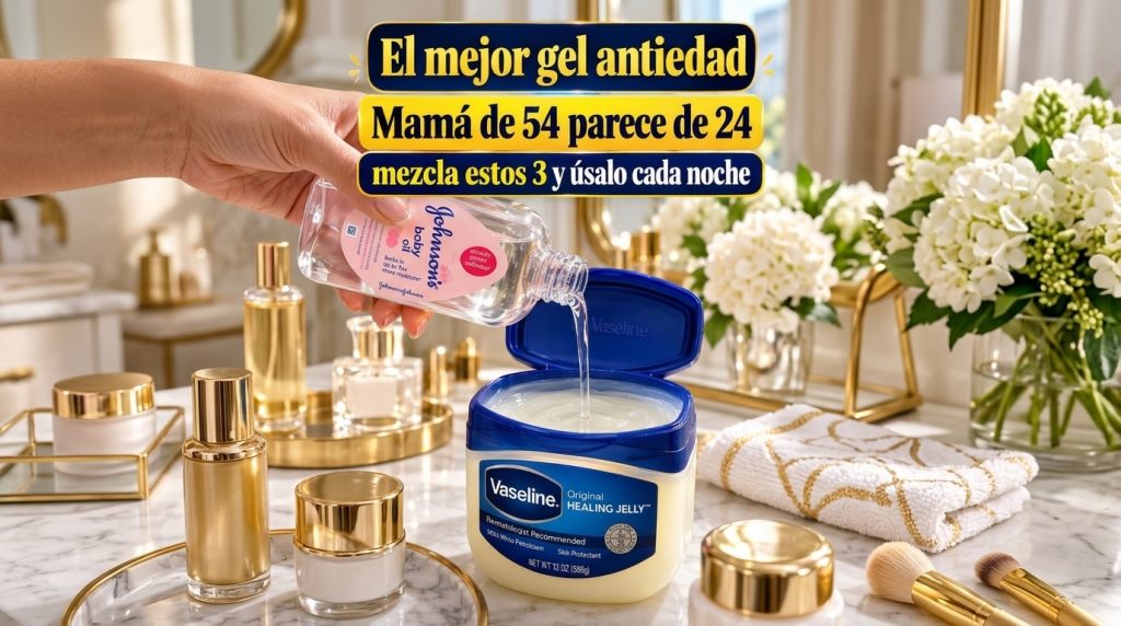 Johnson s Baby Oil being poured into a container of Vaseline Original Healing Jelly on a marble countertop surrounded by