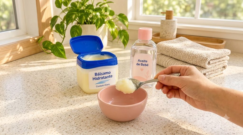 A hand holding a spoon filled with a viscous moisturizing balm over a pink bowl with an open jar of the balm and a bottl