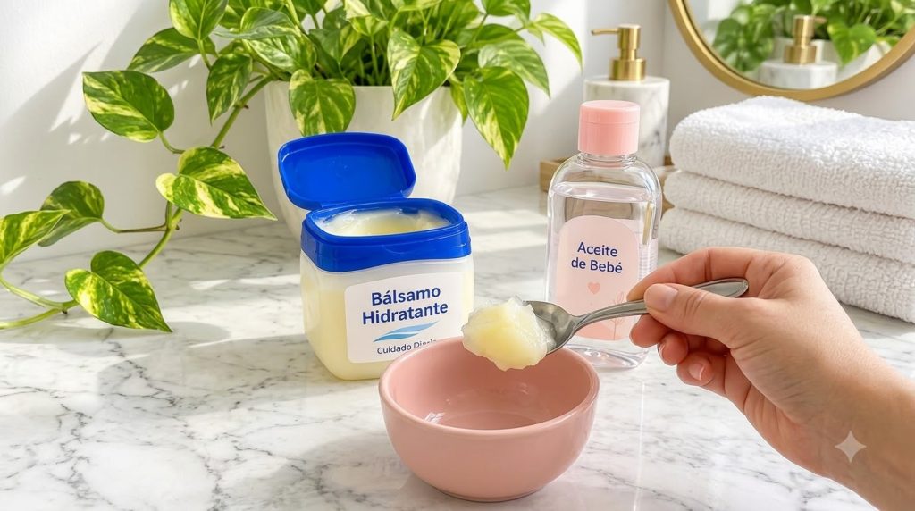 A hand holding a spoon filled with creamy balm over a pink bowl with an open container of hydrating balm to the left and