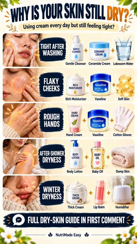 An infographic titled WHY IS YOUR SKIN STILL DRY featuring five common dry skin scenarios like Tight after washing and F