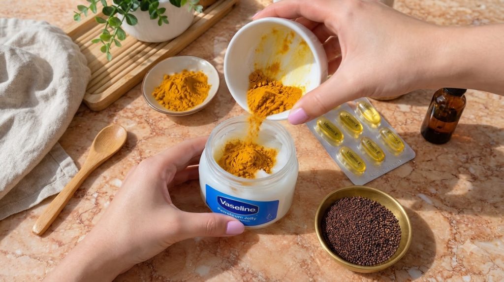 Hands mixing turmeric powder into Vaseline in a jar with other ingredients visible