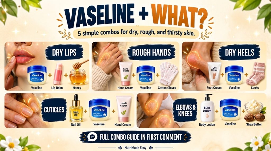 An infographic showing five different Vaseline-based skincare combinations for dry lips rough hands dry heels cuticles a