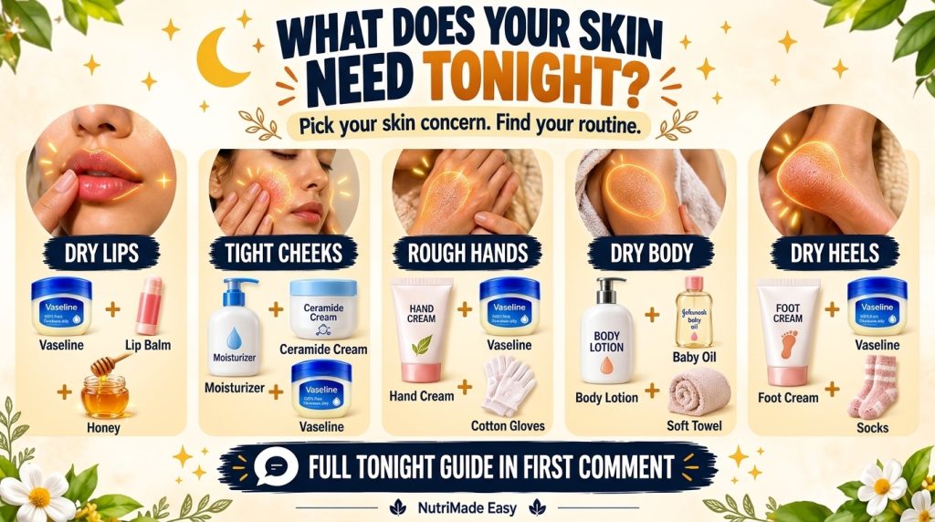 Infographic showing five common nighttime skin concerns and their remedies
