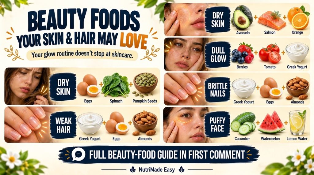 An infographic titled BEAUTY FOODS YOUR SKIN HAIR MAY LOVE featuring various food items beneficial for beauty concerns l