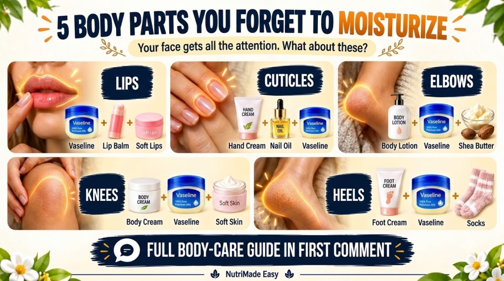An infographic titled 5 Body Parts You Forget to Moisturize showing close-ups of lips cuticles elbows knees and heels wi