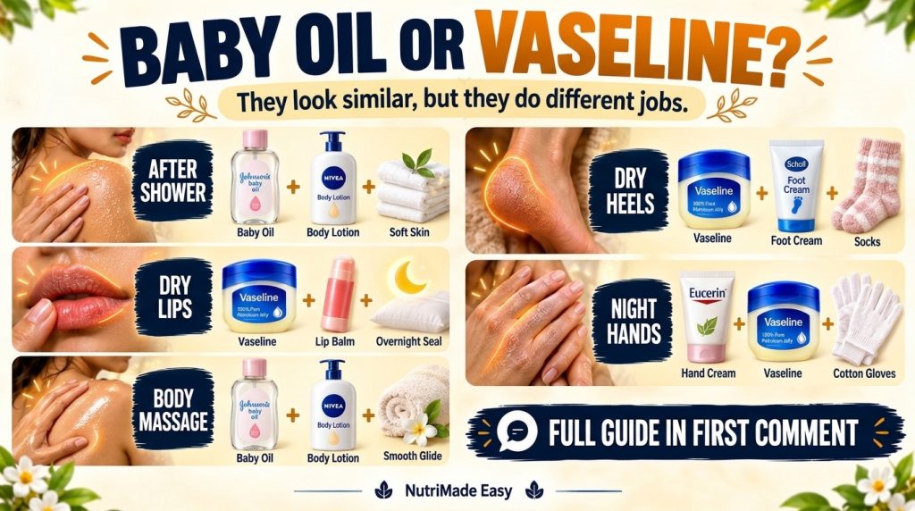 An infographic comparing the uses of Baby Oil and Vaseline for various skincare needs showing distinct body parts lips h
