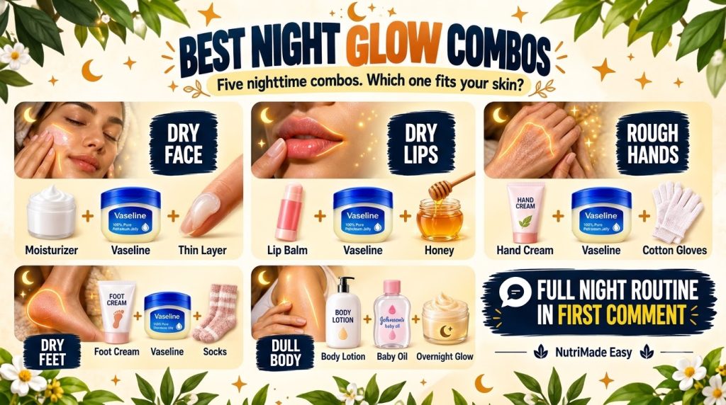 An infographic showing five Night Glow Combos for different skin and body concerns like dry face dry lips rough hands dr