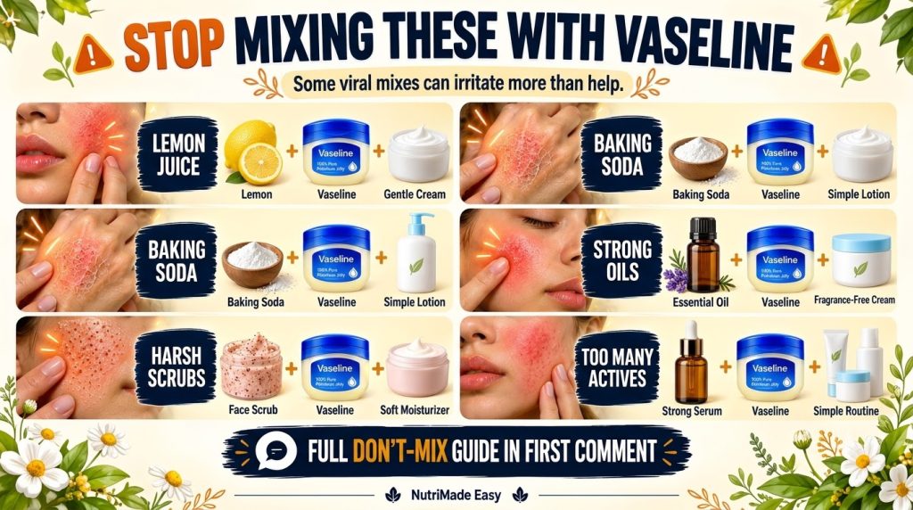 An infographic warning about mixing certain ingredients with Vaseline showing examples of irritated skin and product ico
