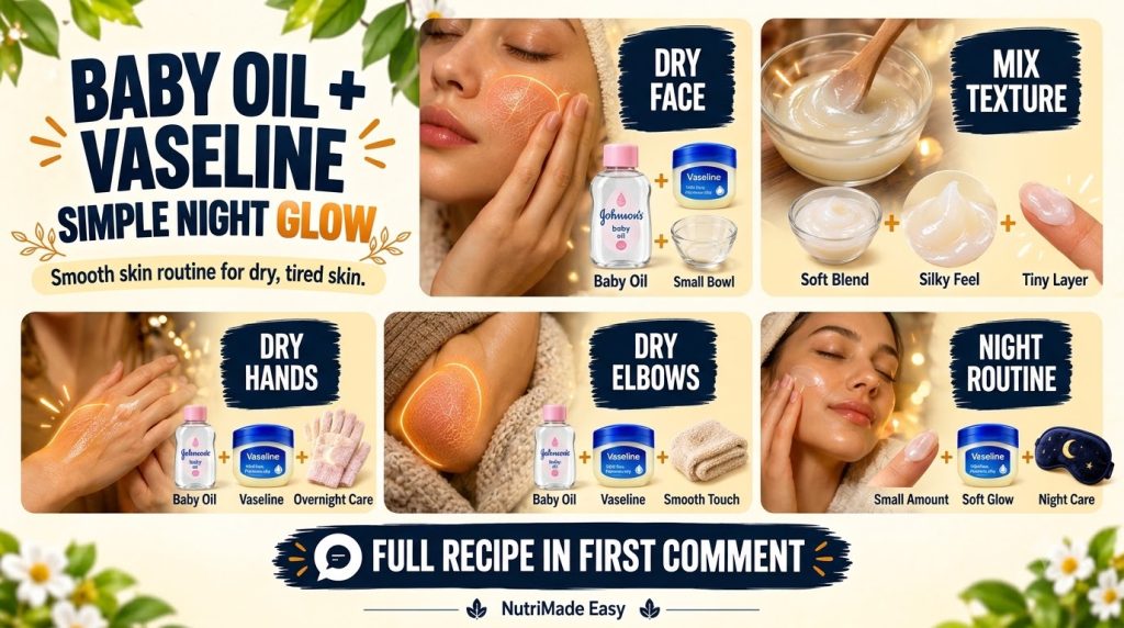 An infographic detailing a Baby Oil Vaseline Simple Night Glow routine showing application on face hands and elbows with