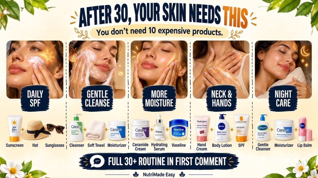 An infographic showing a 5-step skincare routine for individuals over 30 with women demonstrating each step and product