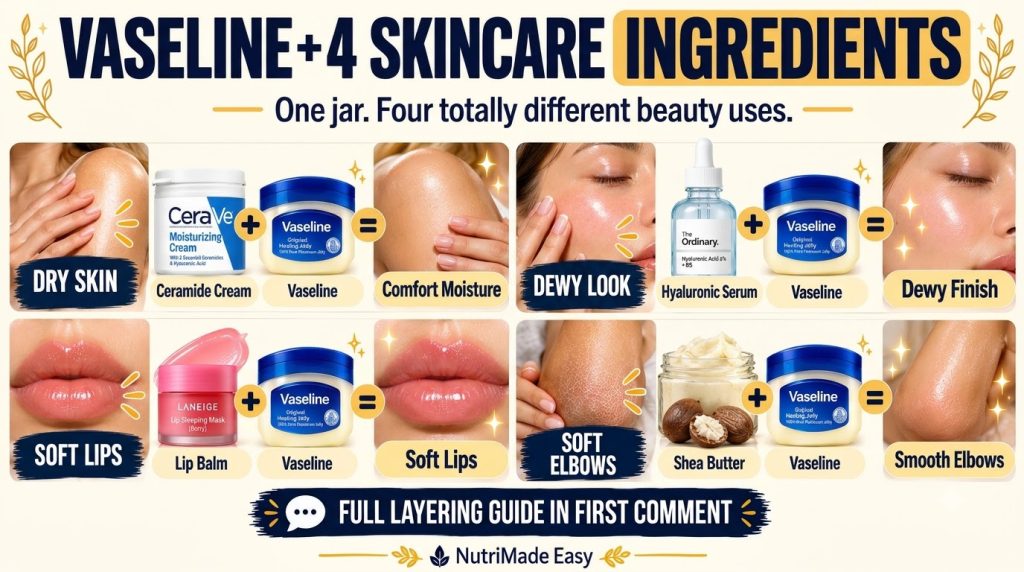 An infographic showcasing four different skincare recipes using Vaseline combined with other ingredients with sections f