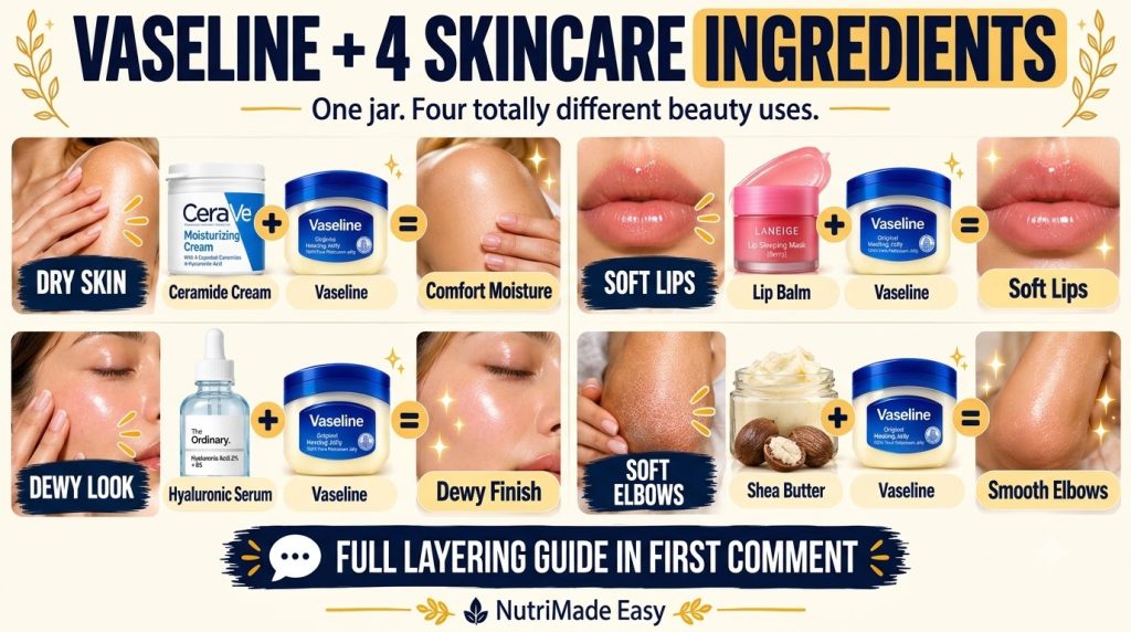 An infographic showing four different skincare combinations using Vaseline and other ingredients for specific skin conce
