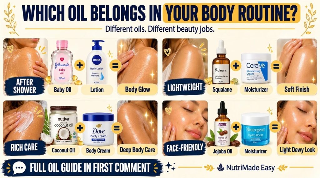 An infographic comparing various natural body and face oils showcasing their benefits for different skin types