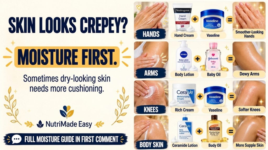 An infographic demonstrating skincare product combinations for different body parts to combat crepey dry skin showing be