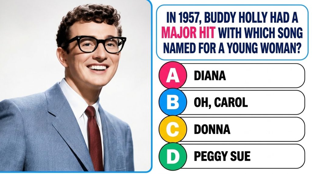 Black and white portrait of Buddy Holly smiling wearing glasses a suit and a tie with a quiz question below his image ab