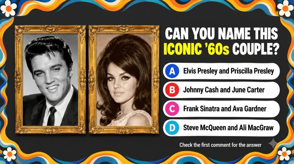 A social media quiz card with a retro border featuring black and white portraits of Elvis Presley and Priscilla Presley