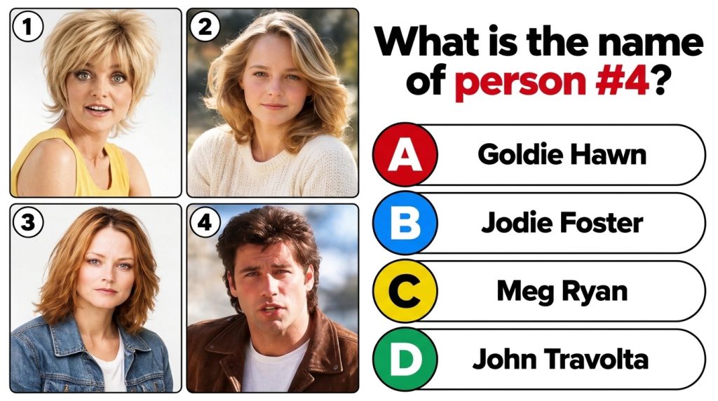 A multi-panel quiz game image with four celebrity look-alike portraits at the top and a question with multiple-choice an
