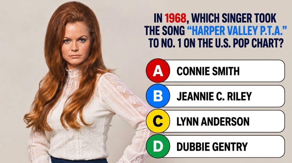 Portrait of Jeannie C Riley with a 1960s bouffant lace blouse and blue eyes alongside a quiz question about Harper Valle