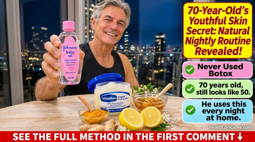 An older man smiling with an open jar of petroleum jelly and a bottle of baby oil on a clean surface hinting at a simple