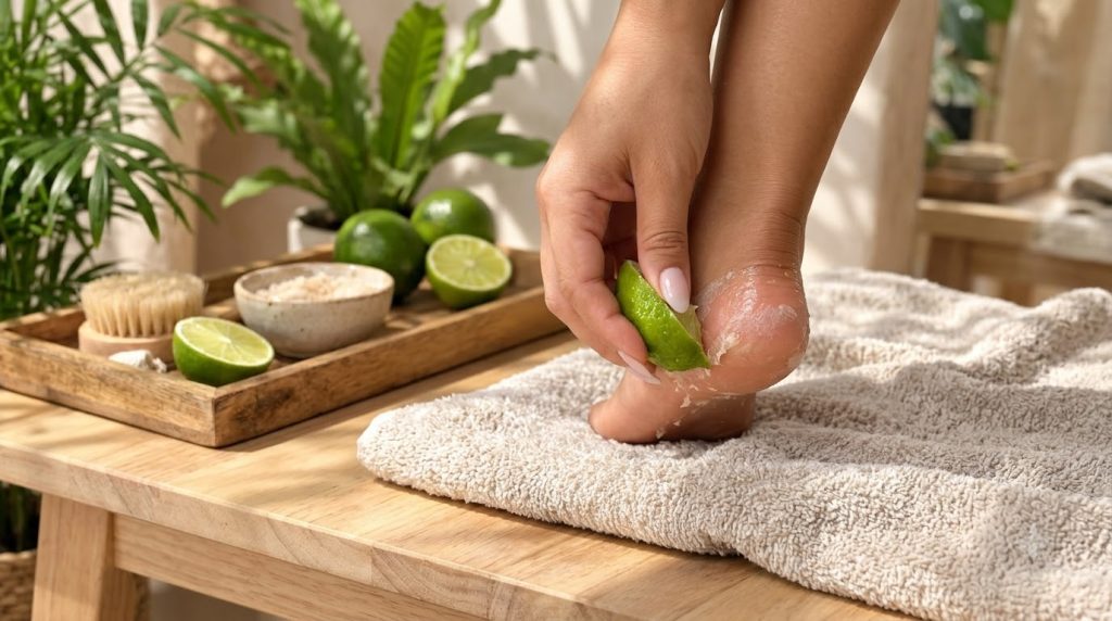 A person s hand holding a sliced lime against a dry flaky heel on a foot with whole and sliced limes in a wooden tray on